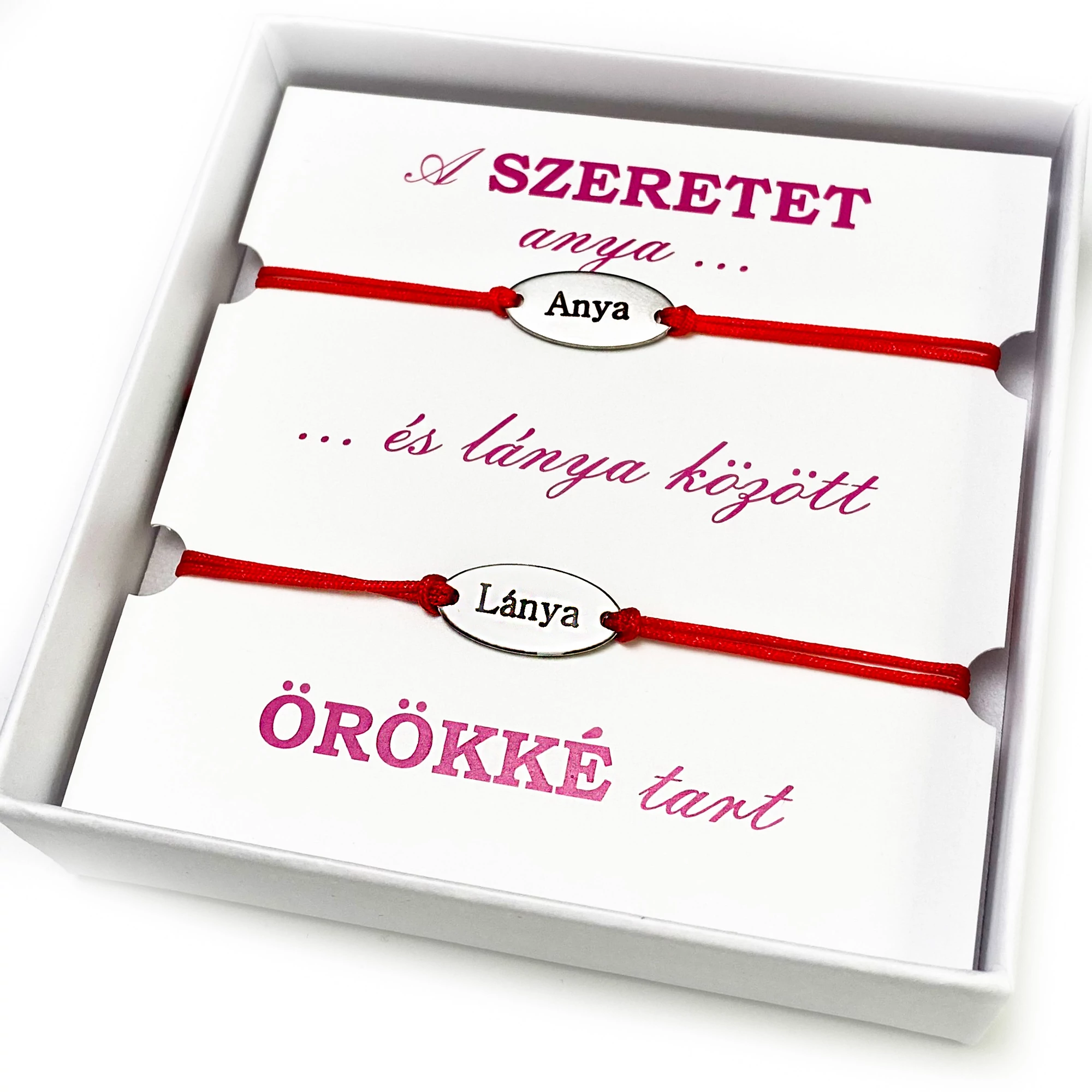 Anya-lánya gravírozott acél medálos páros karkötő piros színű zsineggel (díszdobozzal)