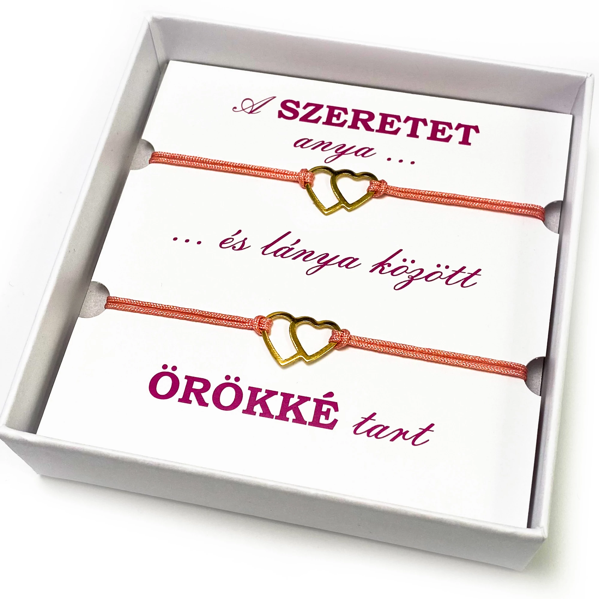 Anya-lánya arany dupla szíves páros barack színű zsineg karkötő (díszdobozzal)